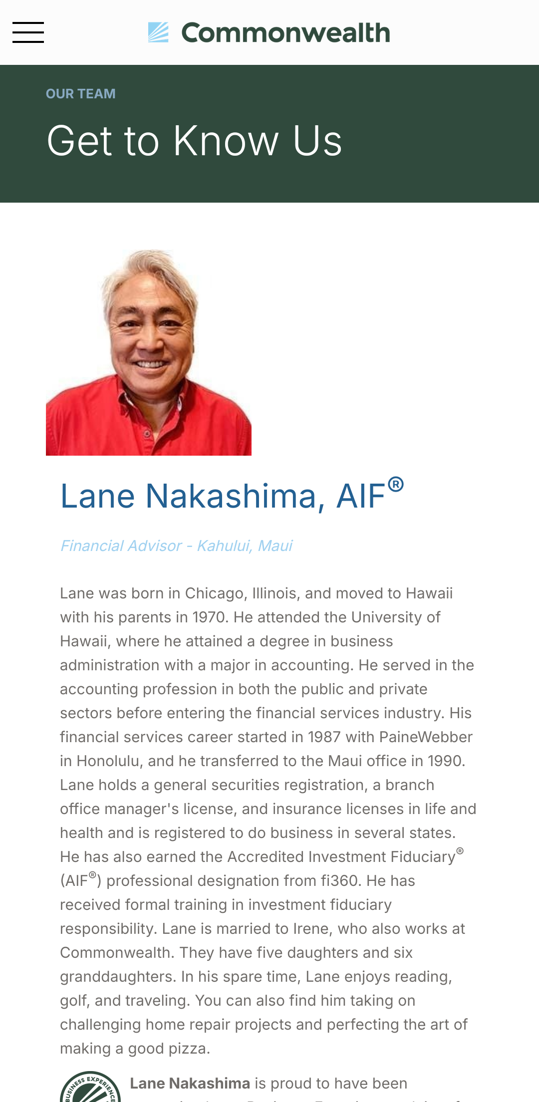 Mobile view of Commonwealth Financial Network Hawaii's team page. Highlighting Lane Nakashima.